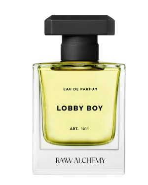 gj2erzkny5heobhs1ht0 Flasche des Eau de Parfum 'Lobby Boy' von Raaw Alchemy, Art. 1311, mit schwarzem Verschluss und gelblicher Flüssigkeit.