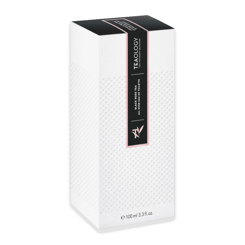 T50208-8050148502081-Black-Rose-tea-eau-de-toilette-astuccio_optimized Teeverpackung von Teaology Black Rose Tea Eau de Toilette, 100 ml, weiß mit schwarzem und rotem Design.