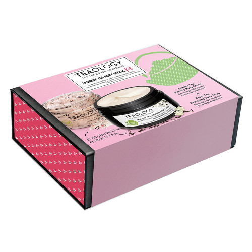 Tealogy Geschenkset mit Jasmine Tea Body Scrub und Body Cream in rosa Verpackung.