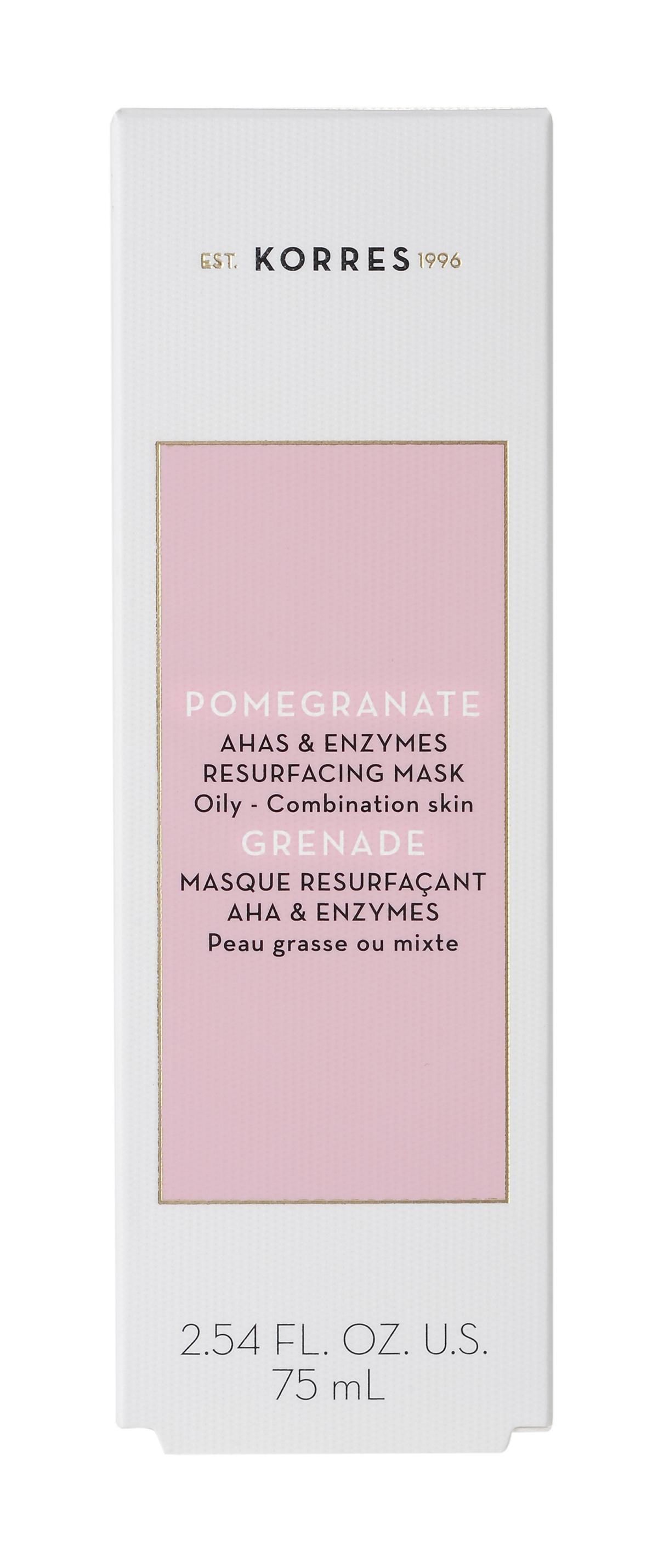 Verpackung der KORRES Granatapfel AHA & Enzyme Resurfacing Maske für fettige und Mischhaut, 75 ml.