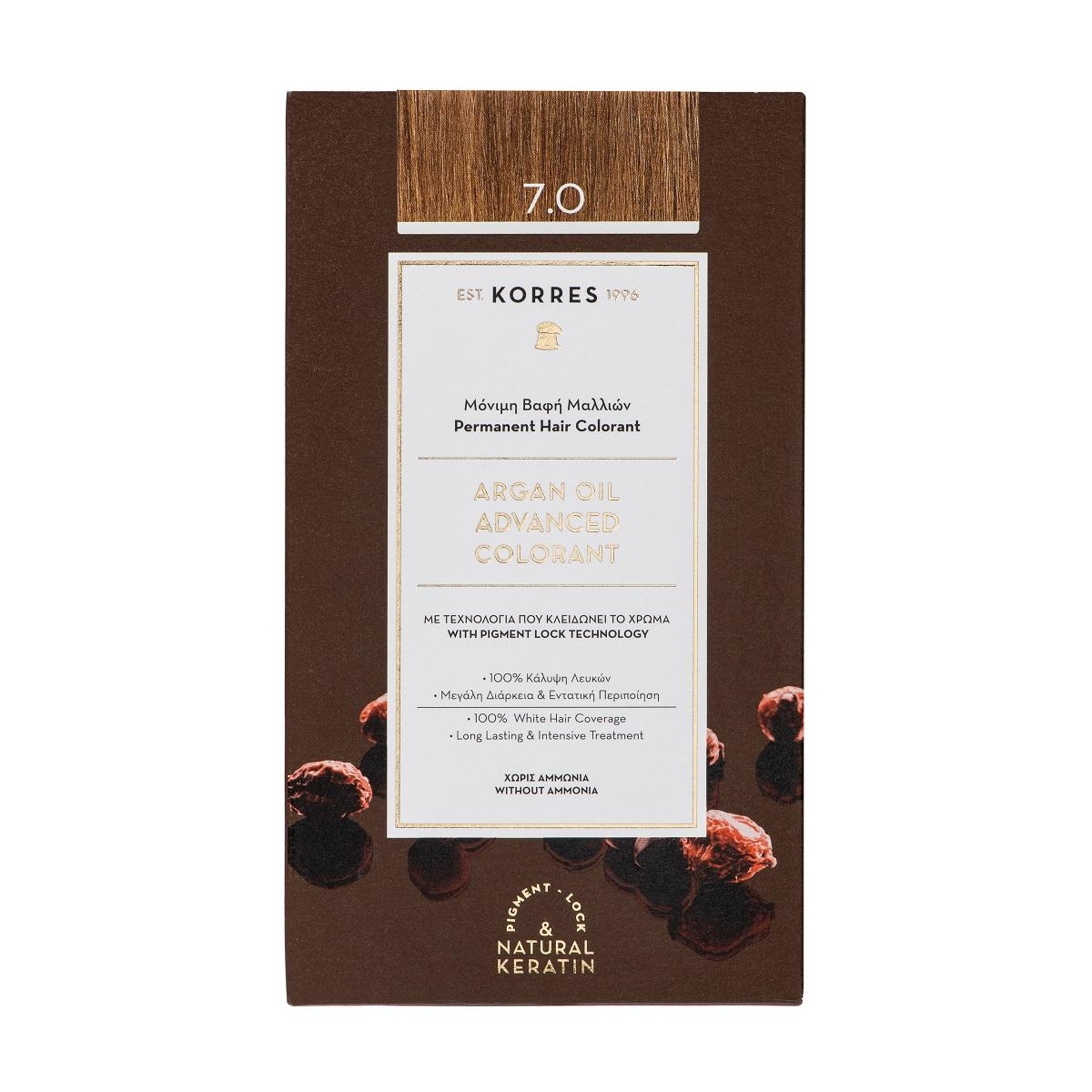 Verpackung von Korres Argan Oil Advanced Colorant, permanente Haarfarbe, Farbton 7.0, mit Pigment-Lock-Technologie.