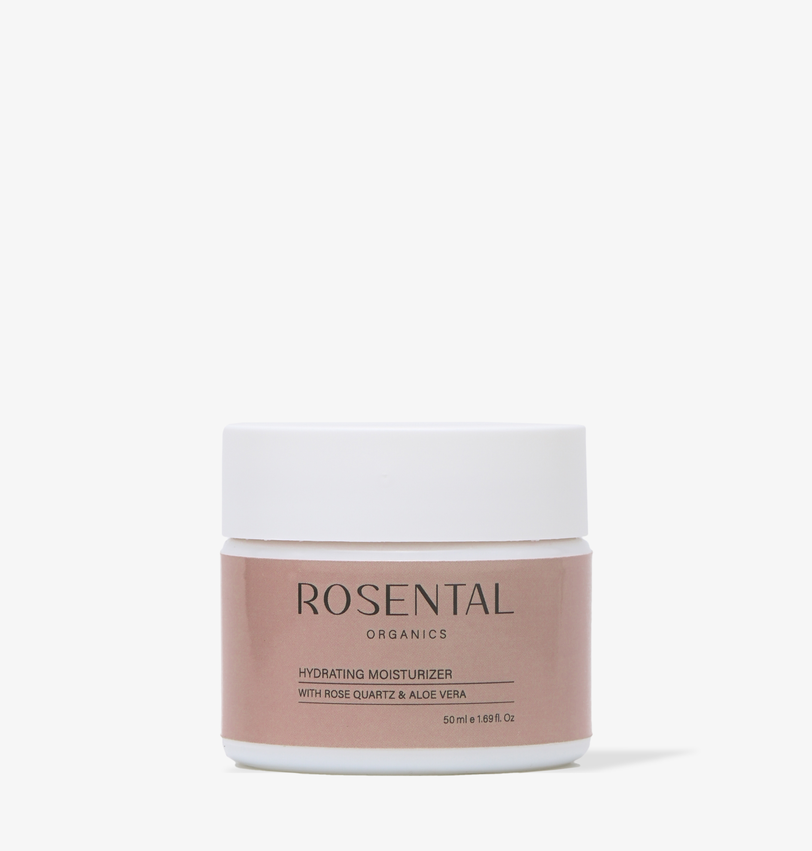 4260576410511-1 Rosental Organics Feuchtigkeitscreme mit Rosenquarz und Aloe Vera in einem weißen Tiegel mit rosa Etikett, 50 ml.