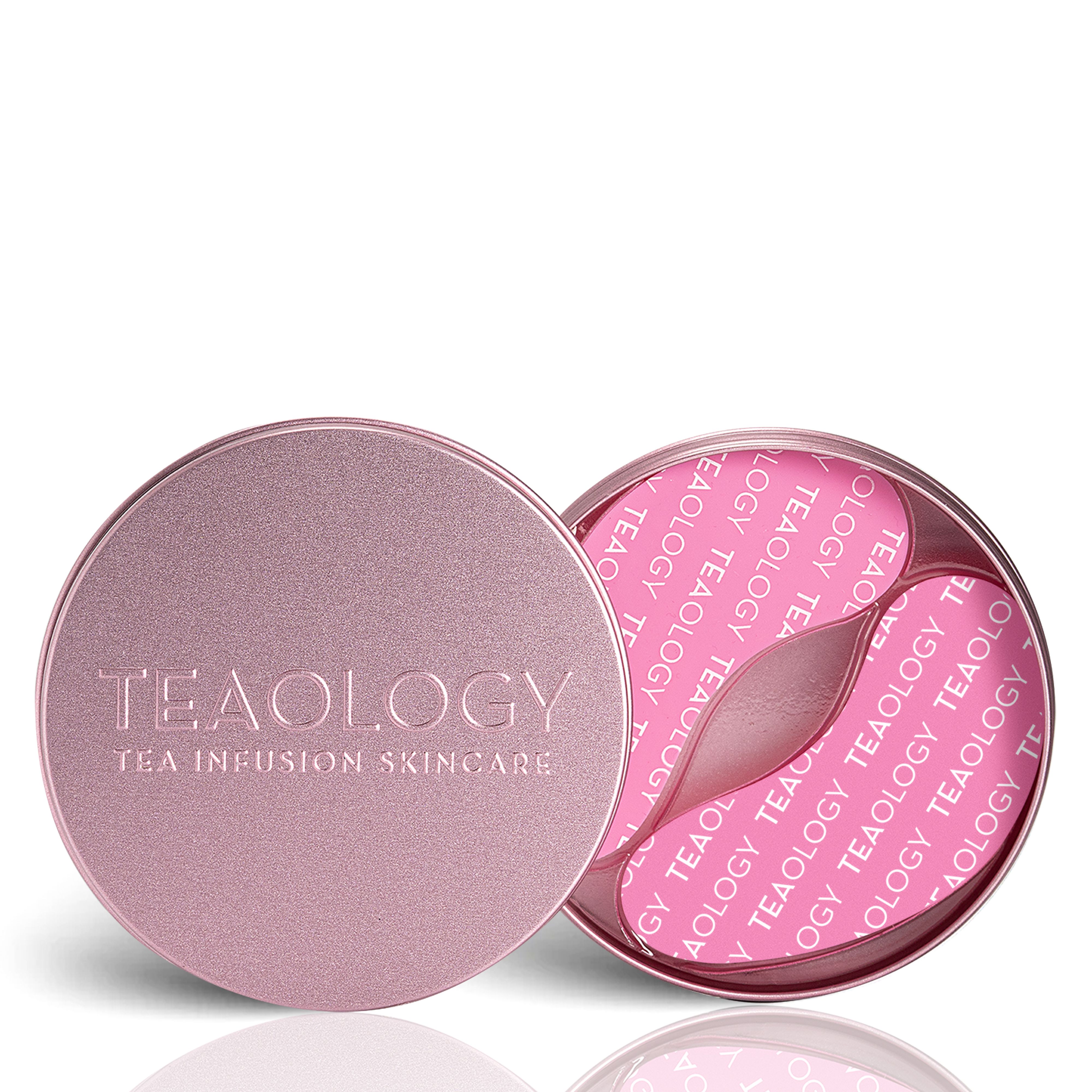 8050148504054-T50405-Forever-eye-patches Rosa Tealogy-Dose mit geöffnetem Deckel, zeigt rosa Augenpatches mit Tealogy-Logo.