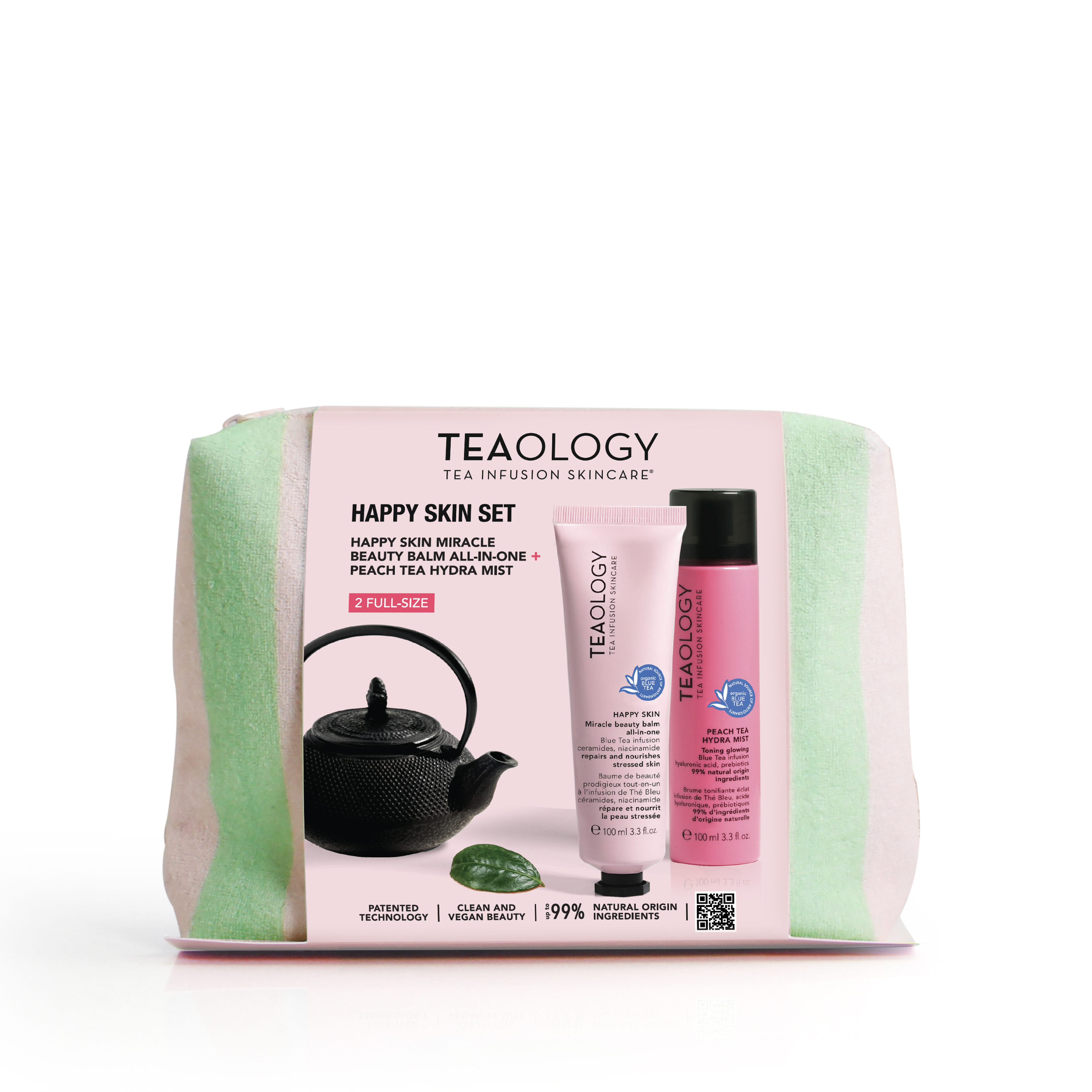 8050148506072_2-T50607-happy-skin-set Teeset und Hautpflegeprodukte von Teaology in einer grünen Tasche.