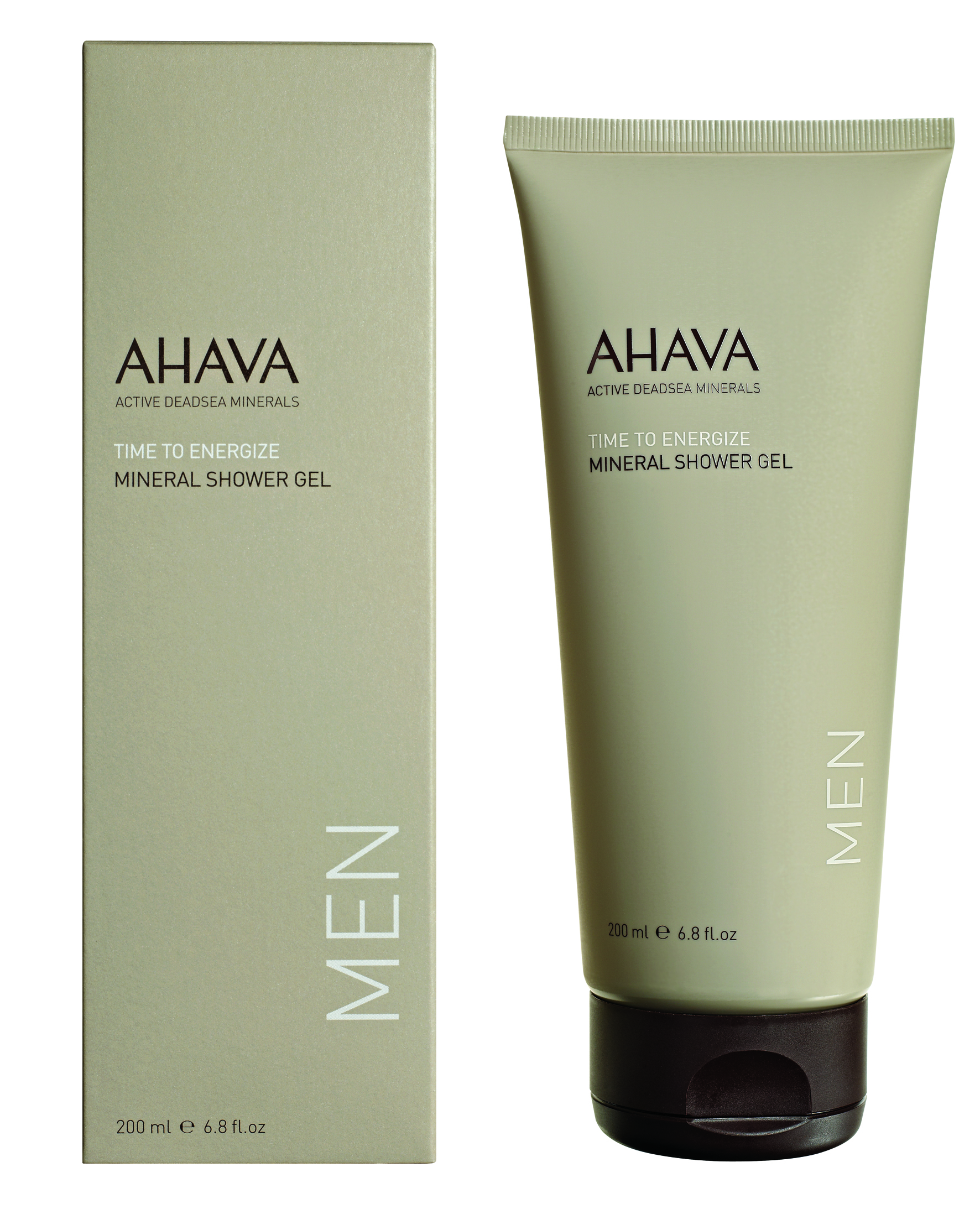 0697045151103 AHAVA Time to Energize Mineral Shower Gel für Männer, 200 ml Tube und Verpackung.
