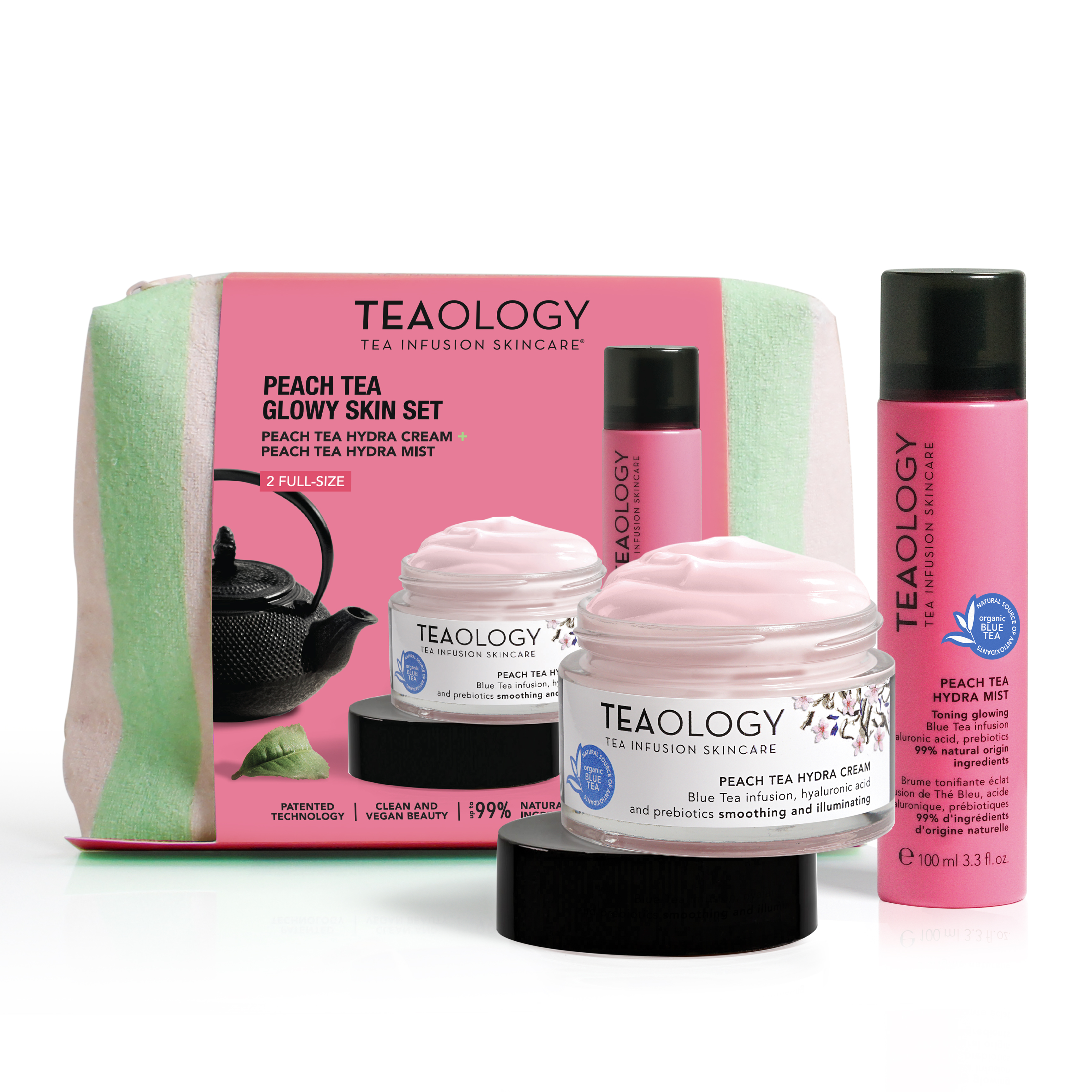 8050148506089_1-T50608-peach-tea-glowy-skin-set_Products Peach Tea Glowy Skin Set von Teaology: Hydra Cream und Hydra Mist vor weißem Hintergrund.
