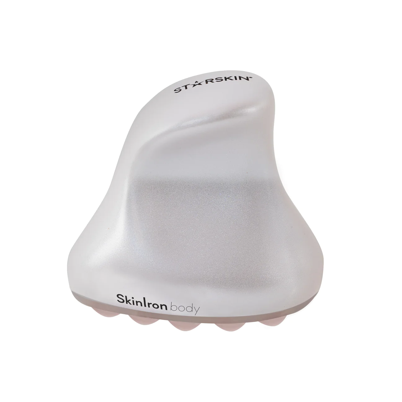 Ein SkinIron Körpermassagegerät aus Rosenquarz von Starskin auf weißem Hintergrund.