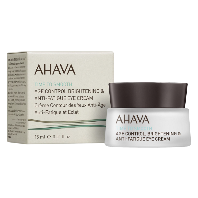 AHAVA Age Control Brightening & Anti-Fatigue Eye Cream, 15 ml, Verpackung und Tiegel.