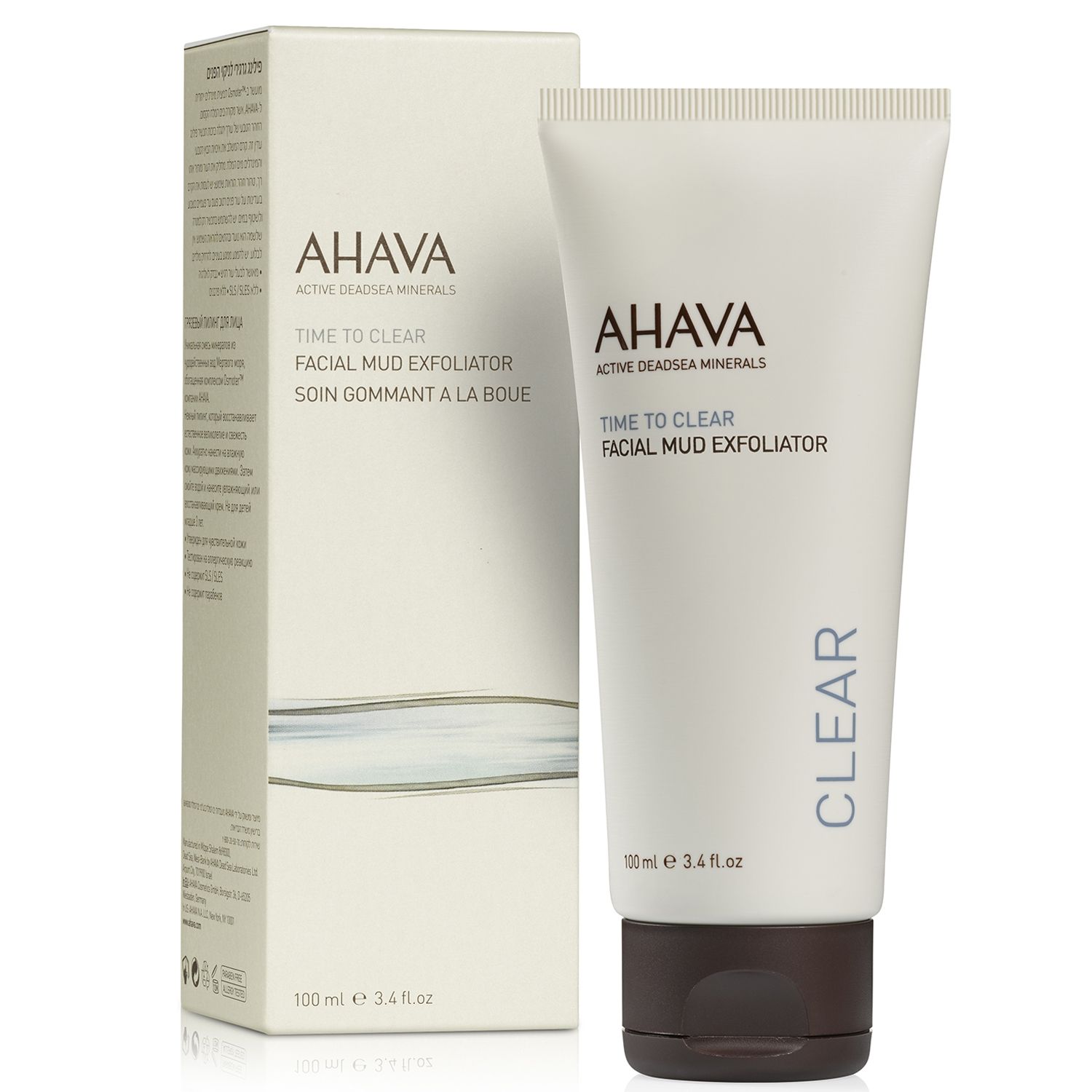 image_112948_1 AHAVA Time to Clear Facial Mud Exfoliator, 100 ml Tube neben der Verpackung, auf weißem Hintergrund.