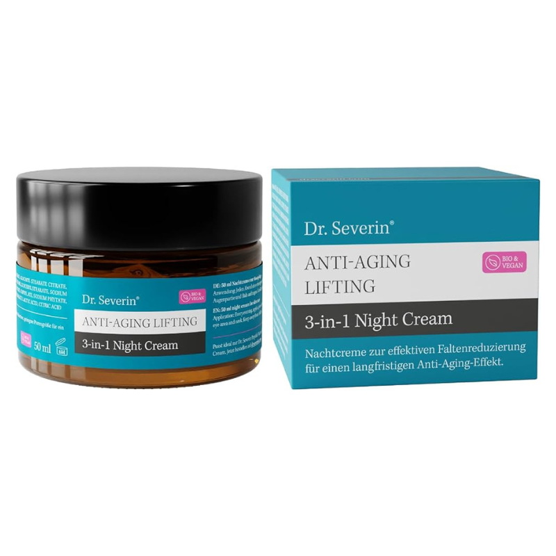 Dr. Severin Anti-Aging Lifting 3-in-1 Nachtcreme, 50 ml, Bio & Vegan, Verpackung und Tiegel, effektive Faltenreduzierung.