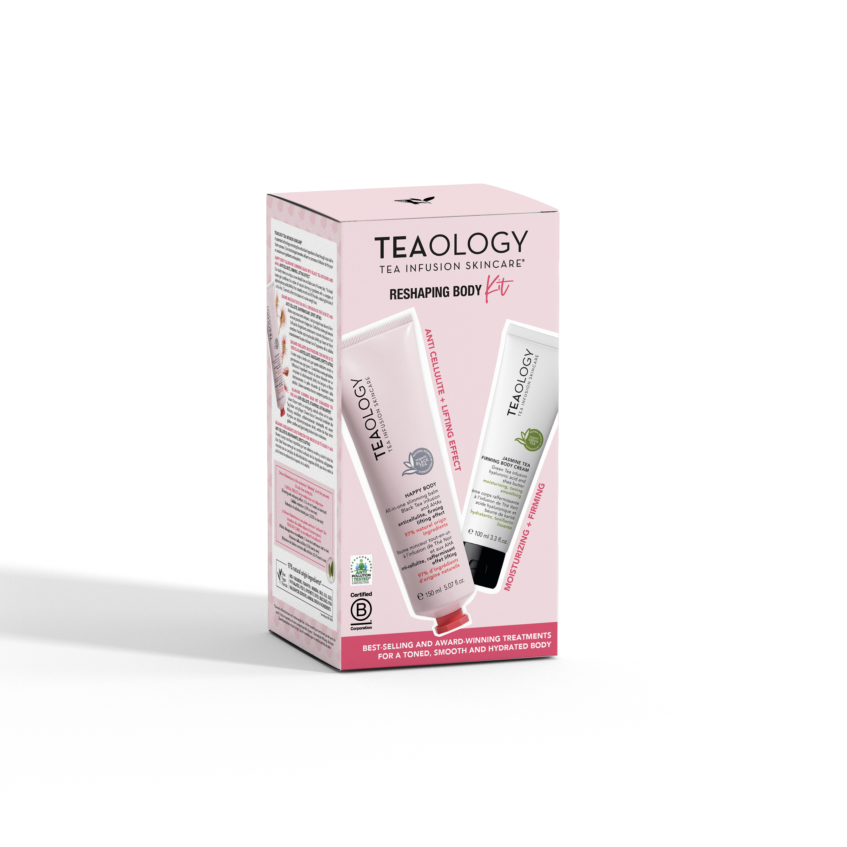 8050148506027_1-T50602-2024-rehsaping-body-kit Teaology Reshaping Body Kit Verpackung mit zwei Tuben, Vorder- und Rückseite sichtbar.