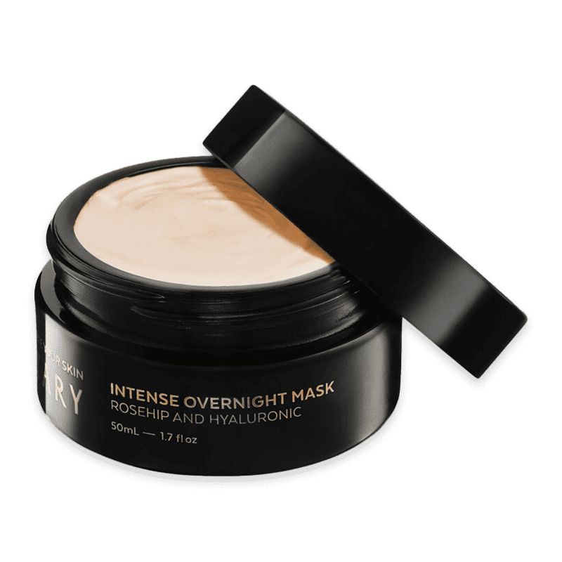 votary-intense-overnight-mask-rosehip-and-hyaluronic-2_optimized Votary Intense Overnight Mask mit Hagebutte und Hyaluron, 50ml, schwarzer Tiegel mit offenem Deckel.