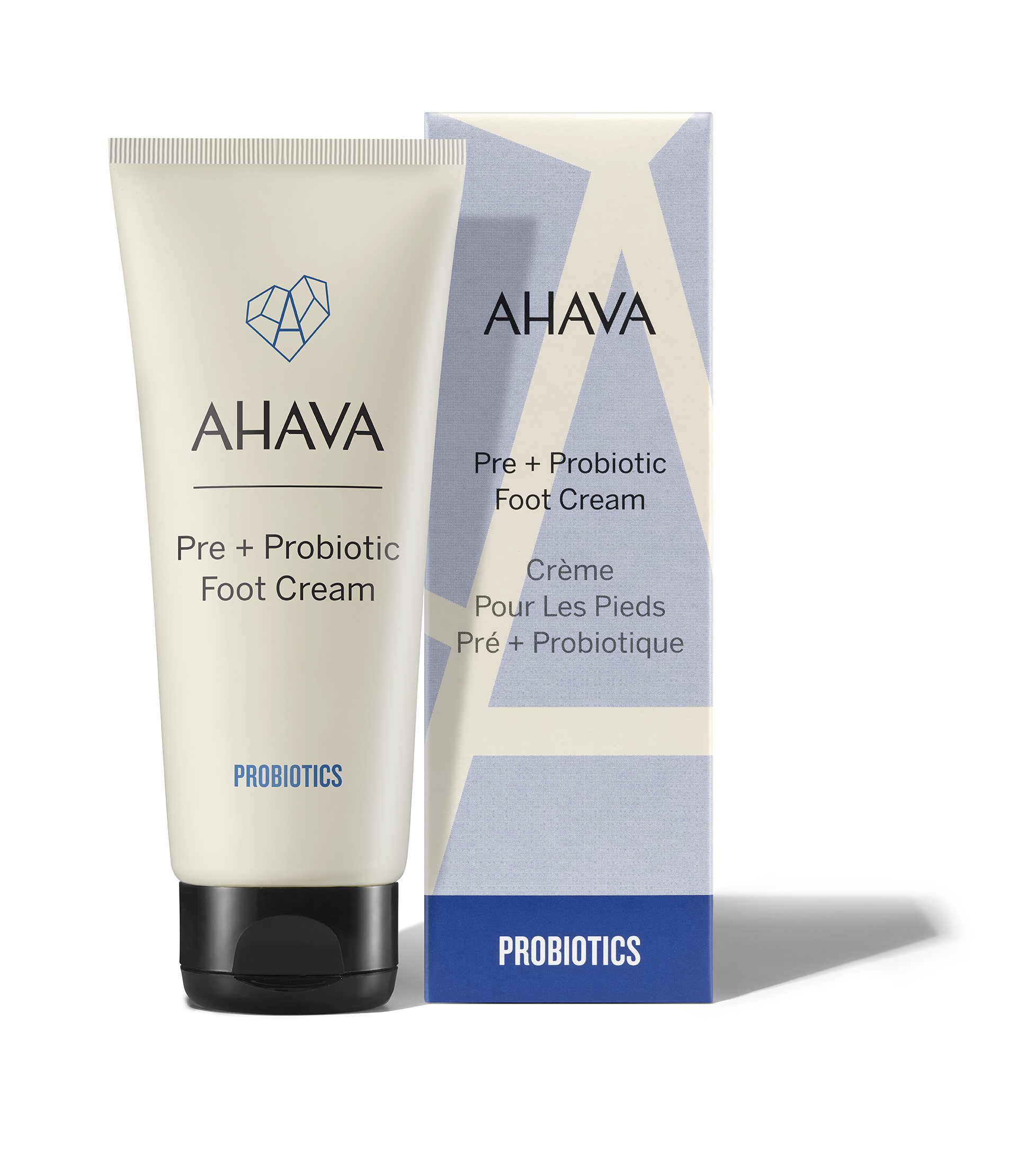 0697045162253BiXo42NOa4wYY AHAVA Pre + Probiotic Fußcreme, Tube und Verpackung, 100 ml, auf weißem Hintergrund.