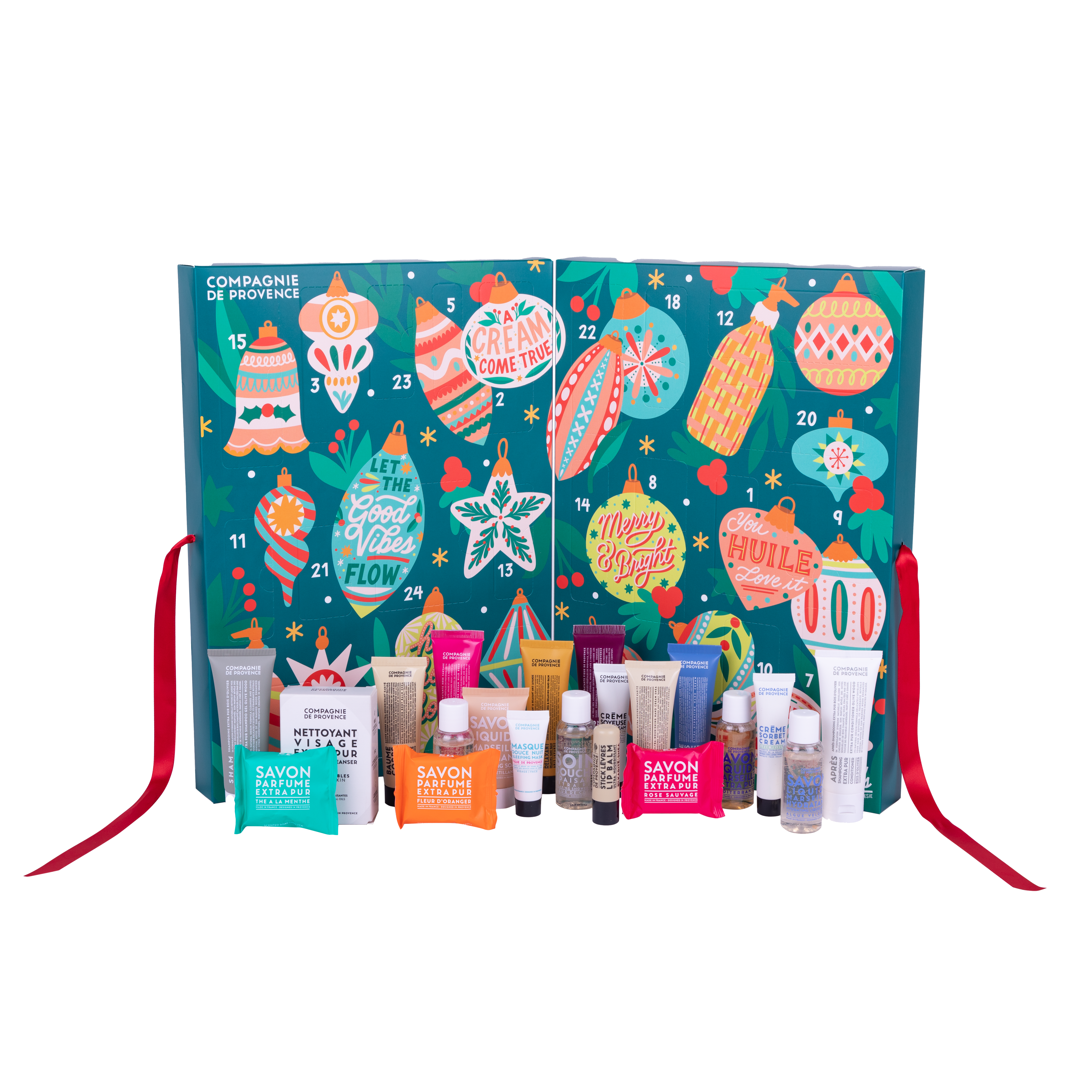 _CDP4001 Ein bunter Adventskalender mit Pflegeprodukten von Compagnie de Provence, geöffnet und mit 24 nummerierten Türchen und Produkten.