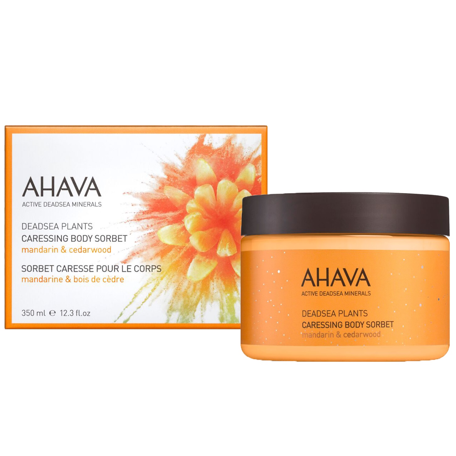 0697045150212 AHAVA Dead Sea Plants Caressing Body Sorbet, 350 ml, mit Mandarine und Zedernholz, Produktbild mit Verpackung und Dose.