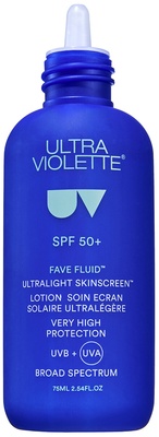 ultra-violette-fave-fluid-spf50-lightweight-fragrance-free-skinscreen Blaues Ultra Violette Fave Fluid SPF 50+ Fläschchen, 75 ml, ultraleichte, duftfreie Sonnenschutzlotion.