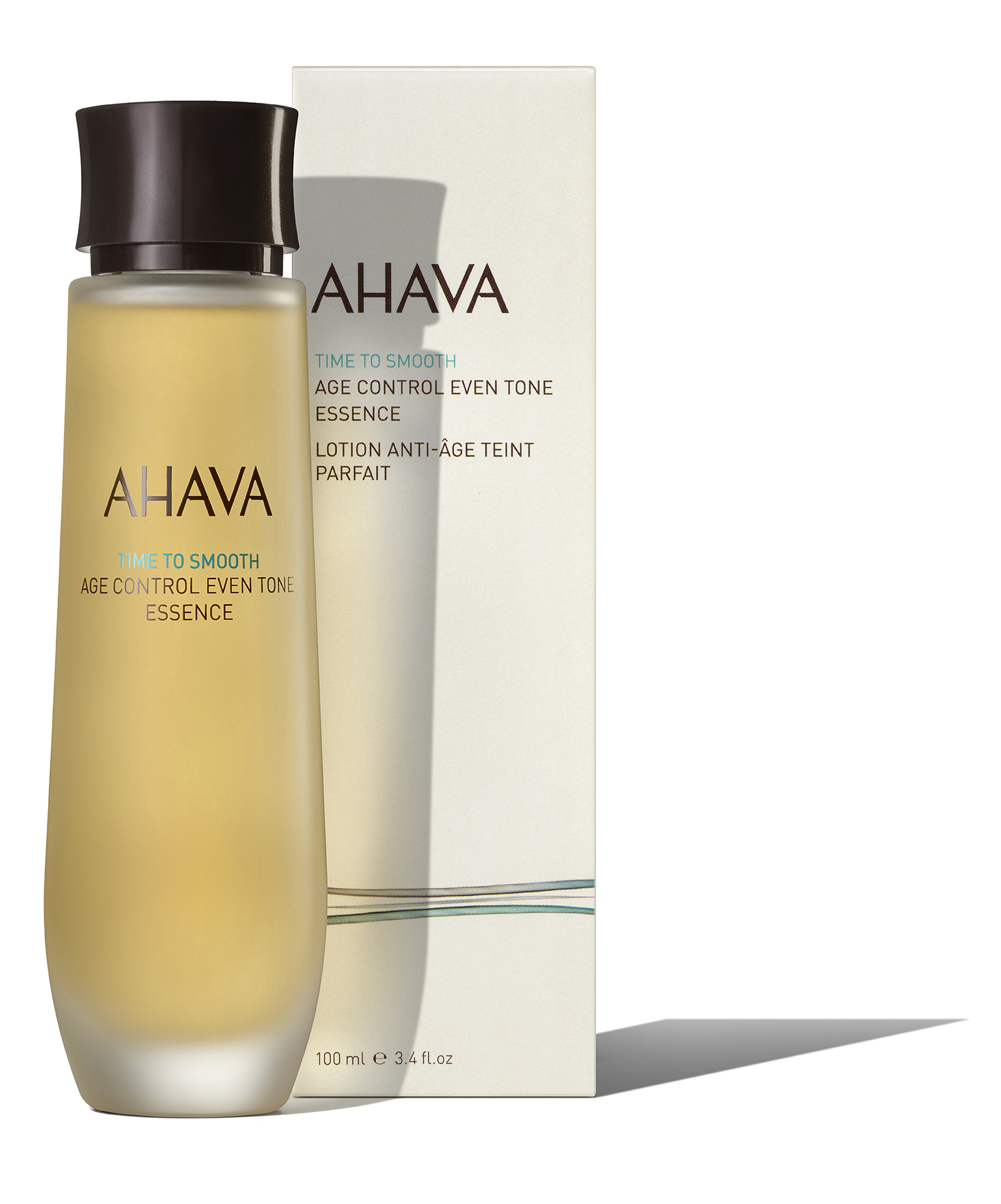 0697045157549 AHAVA Time to Smooth Age Control Even Tone Essence Flasche und Verpackung, 100 ml.