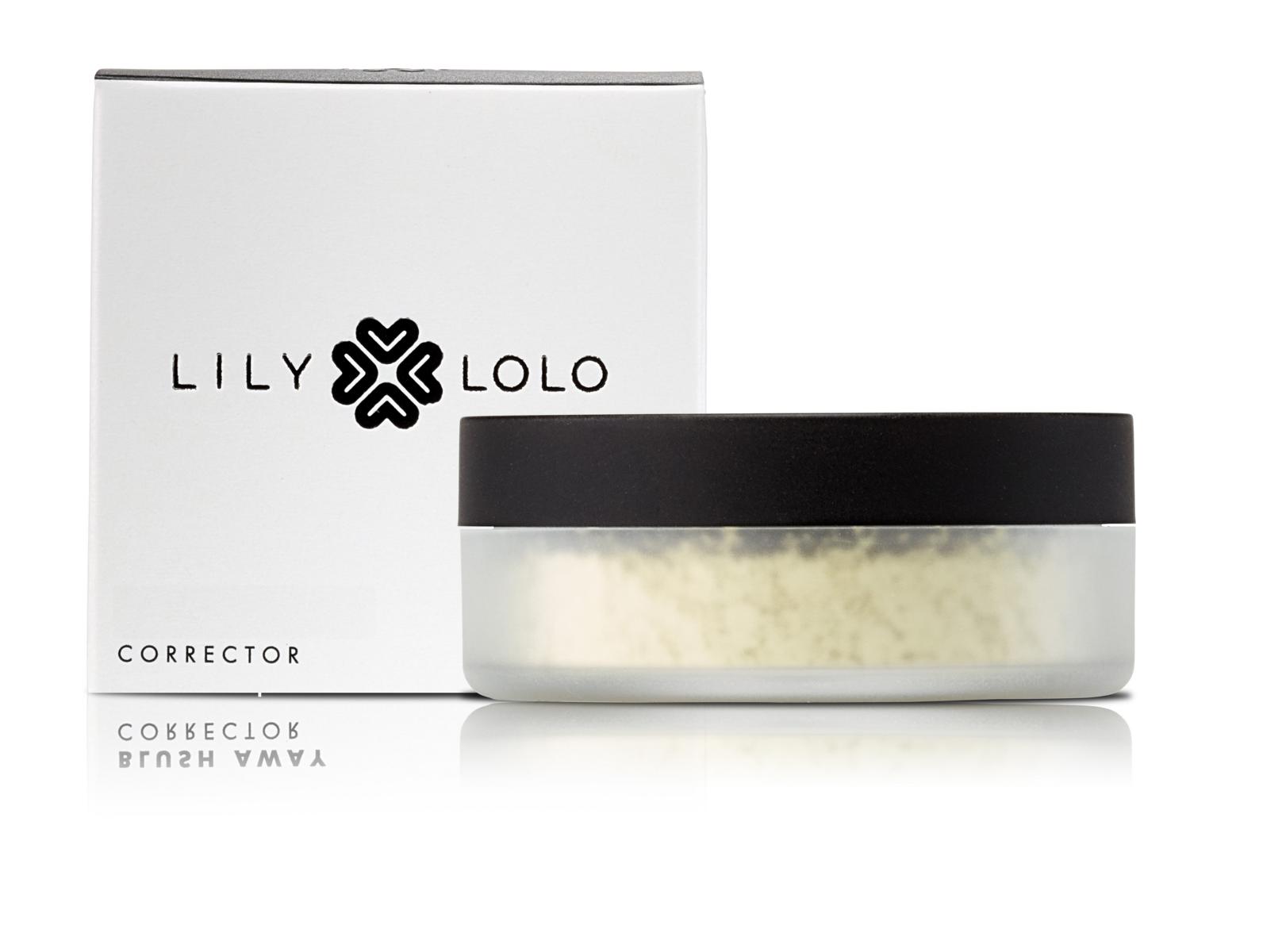 Lily Lolo Corrector in einer transparenten Dose mit schwarzem Deckel, daneben die weiße Verpackung mit dem Logo.