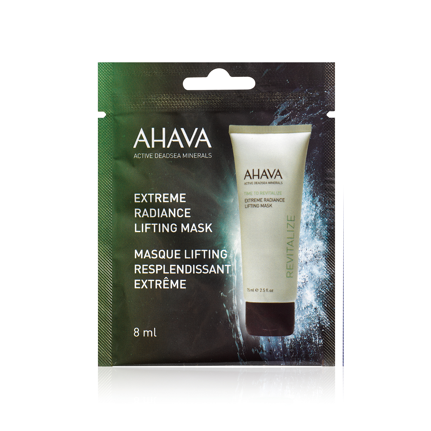 0697045154180 AHAVA Extreme Radiance Lifting Mask, 8 ml, in schwarzer Verpackung mit grünem und weißem Text.
