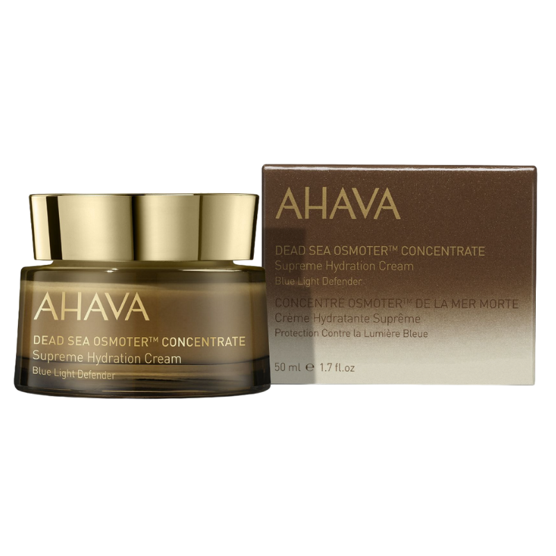 AHAVA Dead Sea Osmoter Supreme Hydration Cream, 50 ml, in goldener Verpackung neben der Produktbox.