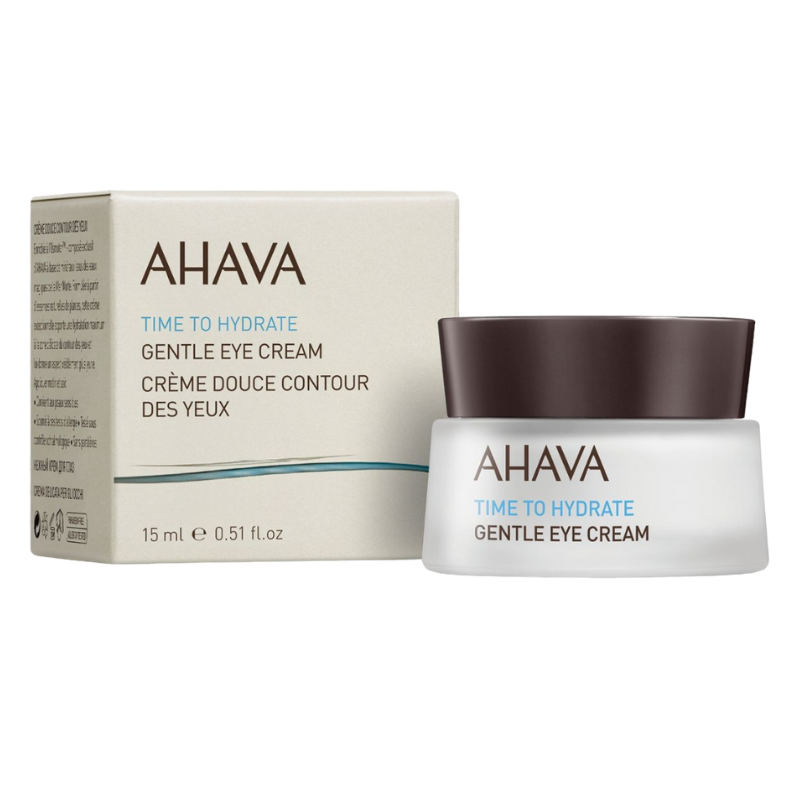 AHAVA-GENTLE-EYE-CREAM AHAVA Gentle Eye Cream, 15 ml, in weißem Tiegel mit braunem Deckel, neben der Produktverpackung.