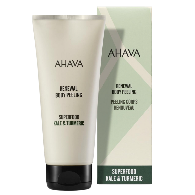 AHAVA-SUPERFOOD-KALE-_-TURMERIC-RENEWAL-BODY-PEELING AHAVA Superfood Kale & Turmeric Renewal Body Peeling, Tube und Verpackung, auf weißem Hintergrund.