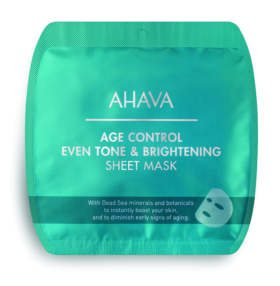 0697045159765 AHAVA Age Control Even Tone & Brightening Sheet Mask in grüner Verpackung mit Text über Inhaltsstoffe und Anwendung.