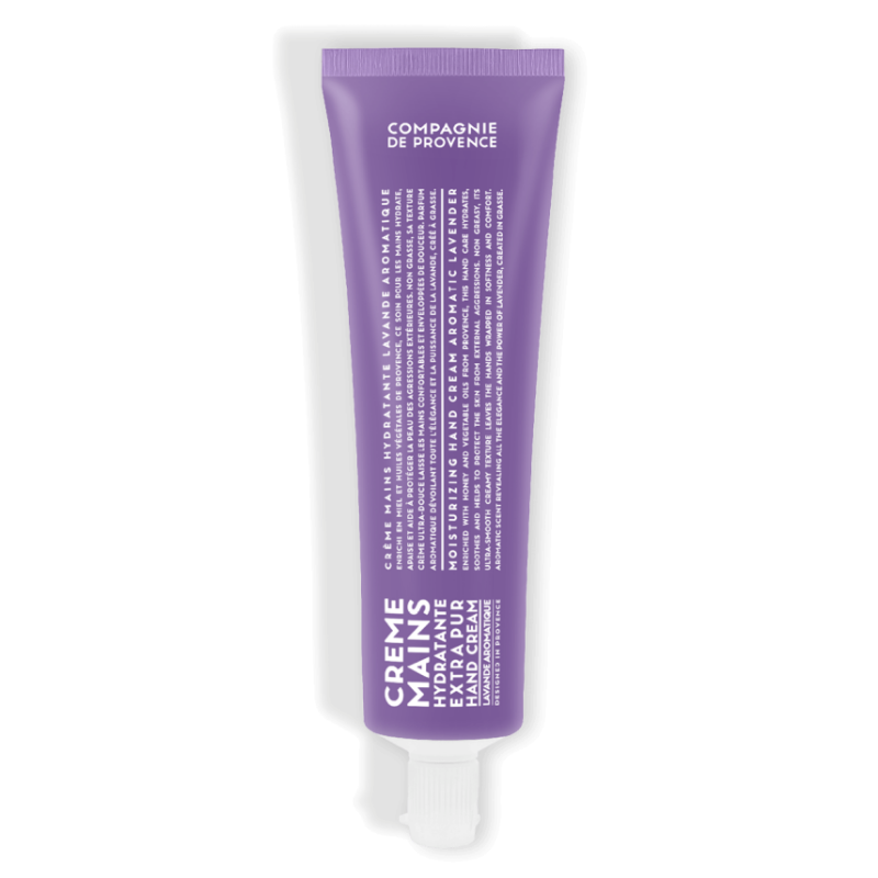 HAND-CREAM-100ML-AROMATIC-LAVENDER Lavendelfarbene Handcreme-Tube mit weißer Aufschrift 'Creme Mains Hydratante' und 'Compagnie de Provence'.