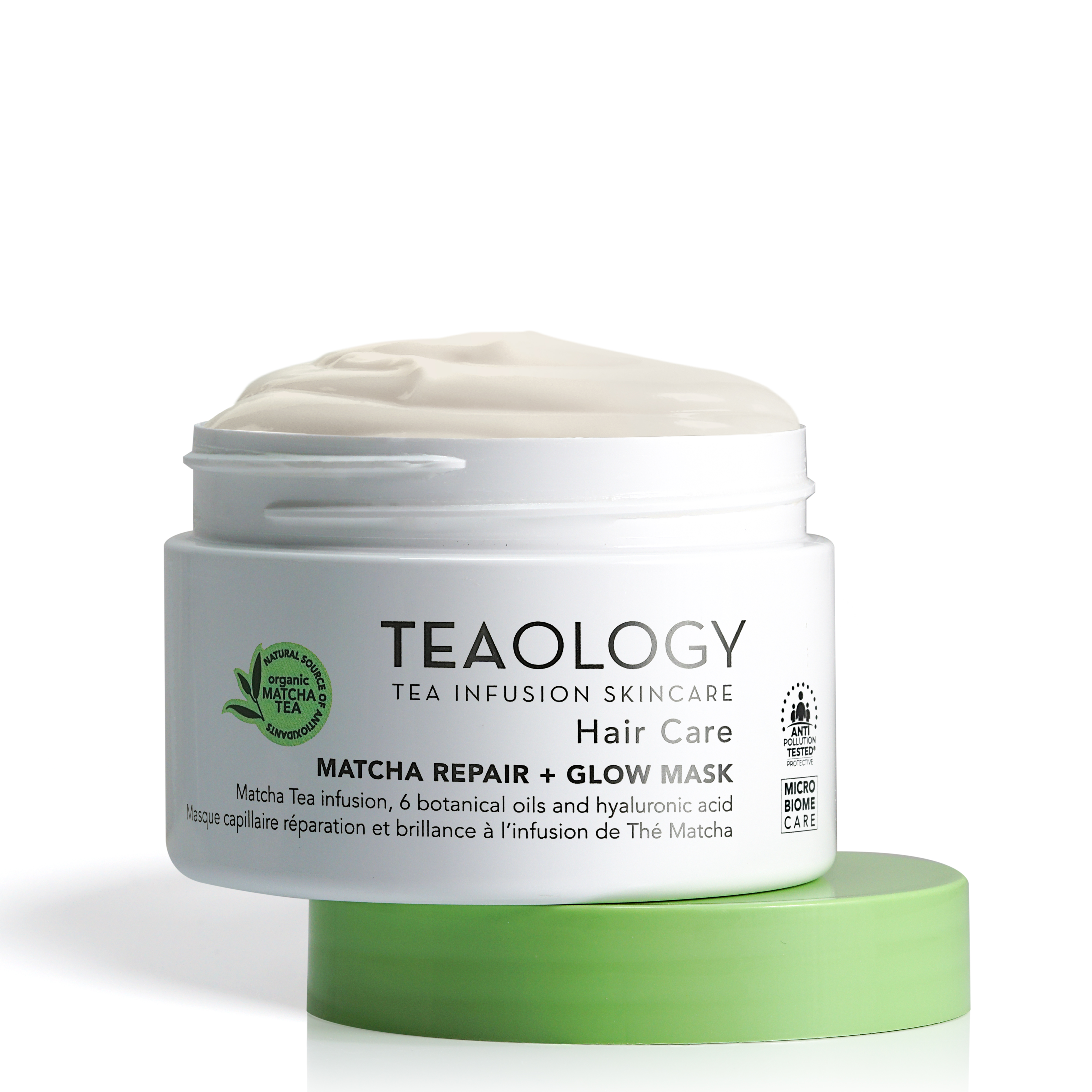 Teemaske für Haarpflege, Matcha Repair + Glow, 250ml, von Teaology, auf weißem Hintergrund mit grünem Deckel.
