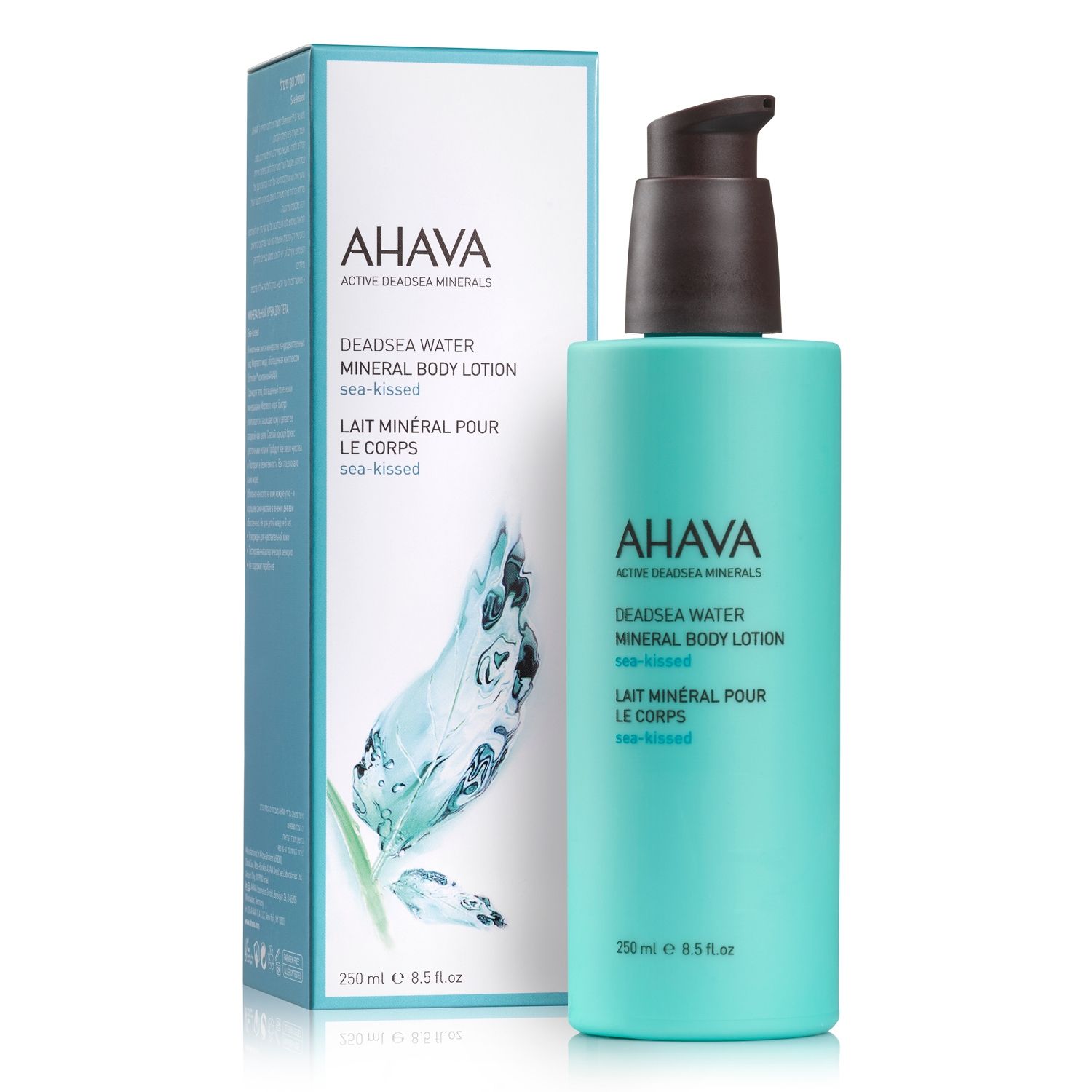 image_107906_1 AHAVA Dead Sea Water Mineral Body Lotion, 250 ml Flasche und Verpackung, Produktbild.