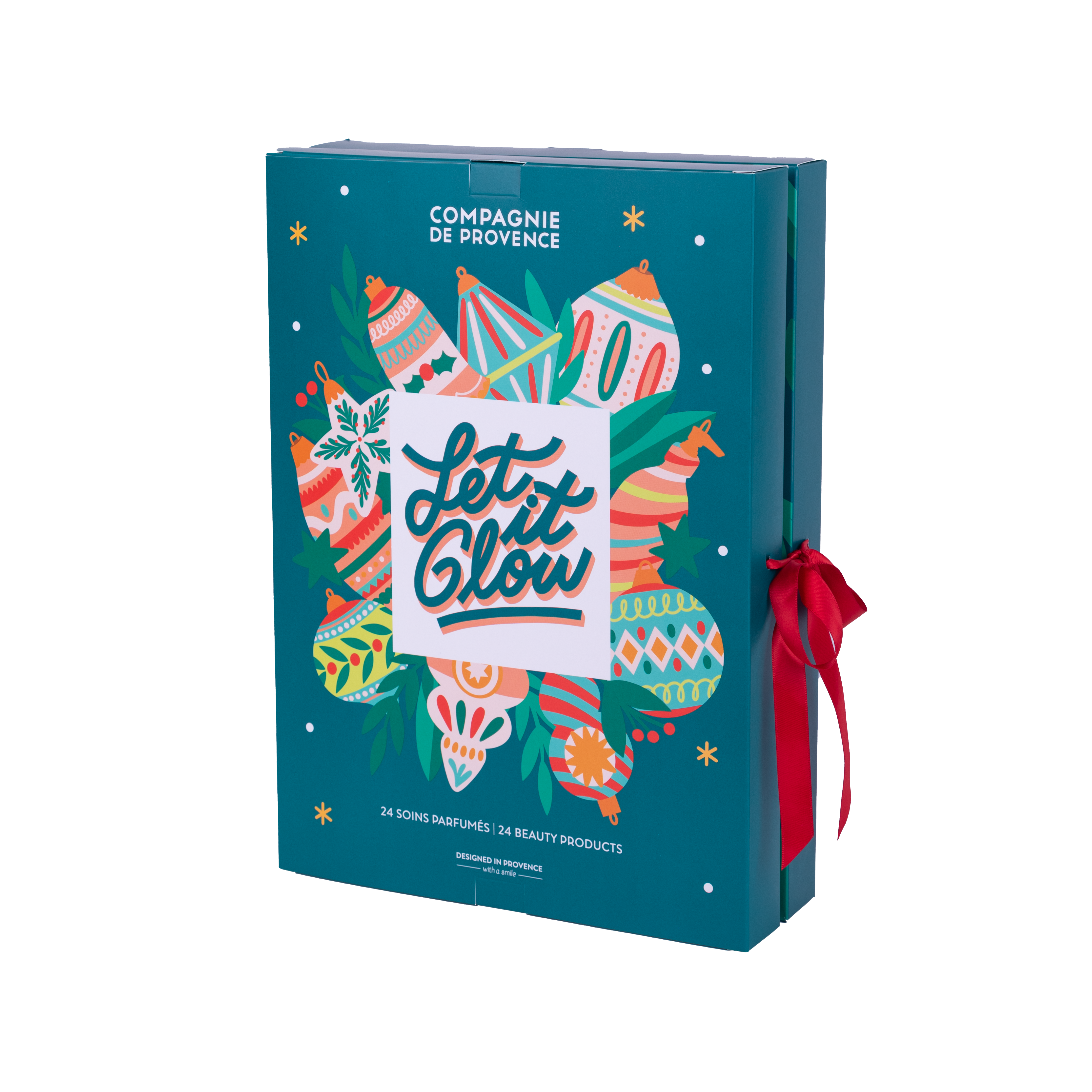 _CDP3996 Ein Adventskalender von Compagnie de Provence mit der Aufschrift 'Let it Glow' und bunten Ornamenten, verziert mit einer roten Schleife.
