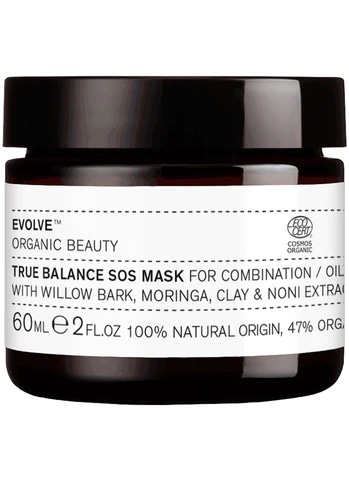 Evolve Organic Beauty True Balance SOS Maske für Mischhaut/ölige Haut, 60ml, mit Weidenrinde, Moringa, Ton und Noni-Extrakt.