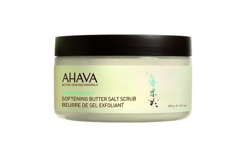 0697045151738 AHAVA Dead Sea Salt Softening Butter Salt Scrub in weißem Behälter mit schwarzem Deckel, 250g.