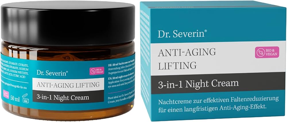 Dr. Severin Anti-Aging Lifting 3-in-1 Nachtcreme, 50 ml, Bio & Vegan, Verpackung und Tiegel.