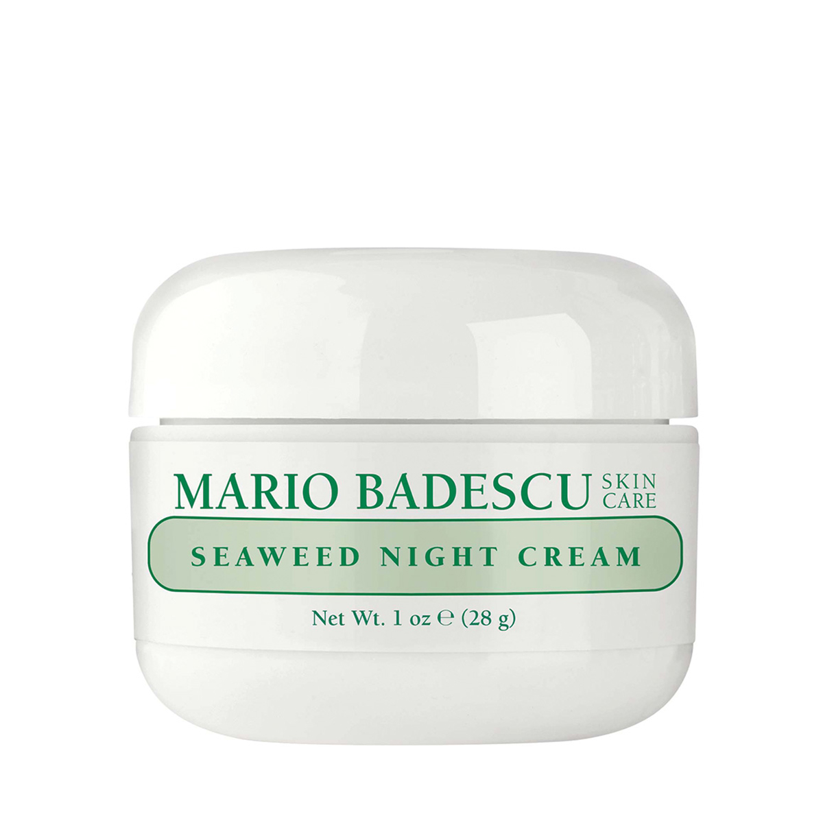 70411_0 Weiße Dose mit grüner Aufschrift "Mario Badescu Seaweed Night Cream", 28g.
