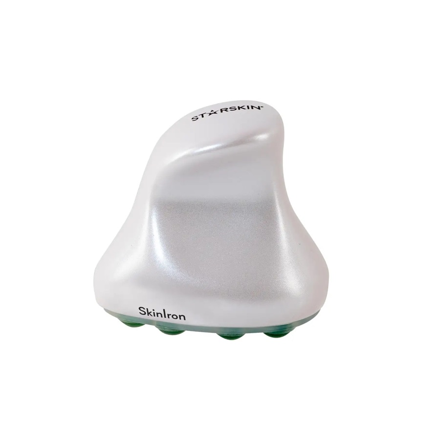 0B71890A-5B1E-4233-BE4C-046525681021_1_105_c Ein weißes STARSKIN SkinIron-Massagegerät mit grünen Massageköpfen.