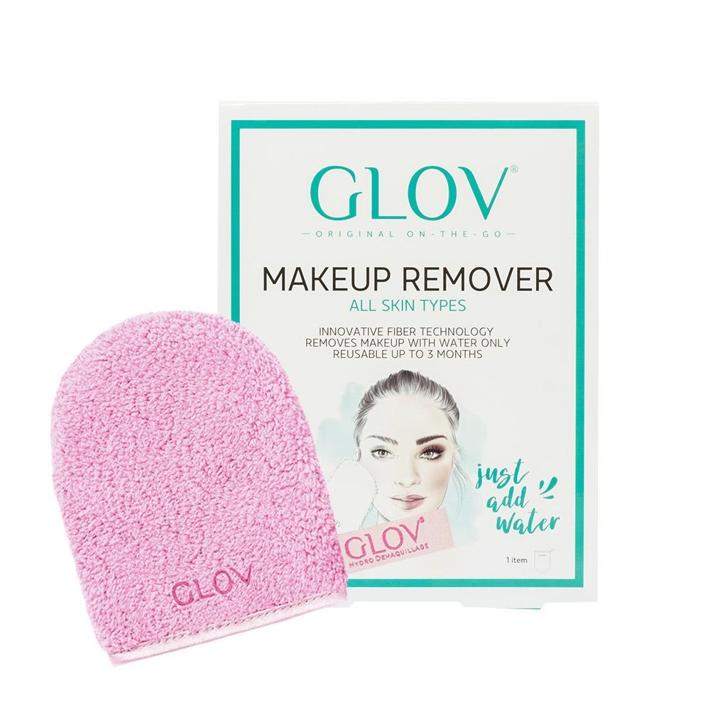 image_121380_1 GLOV Make-up-Entferner für alle Hauttypen, rosa Faserhandschuh und Verpackung mit Produktinformationen.