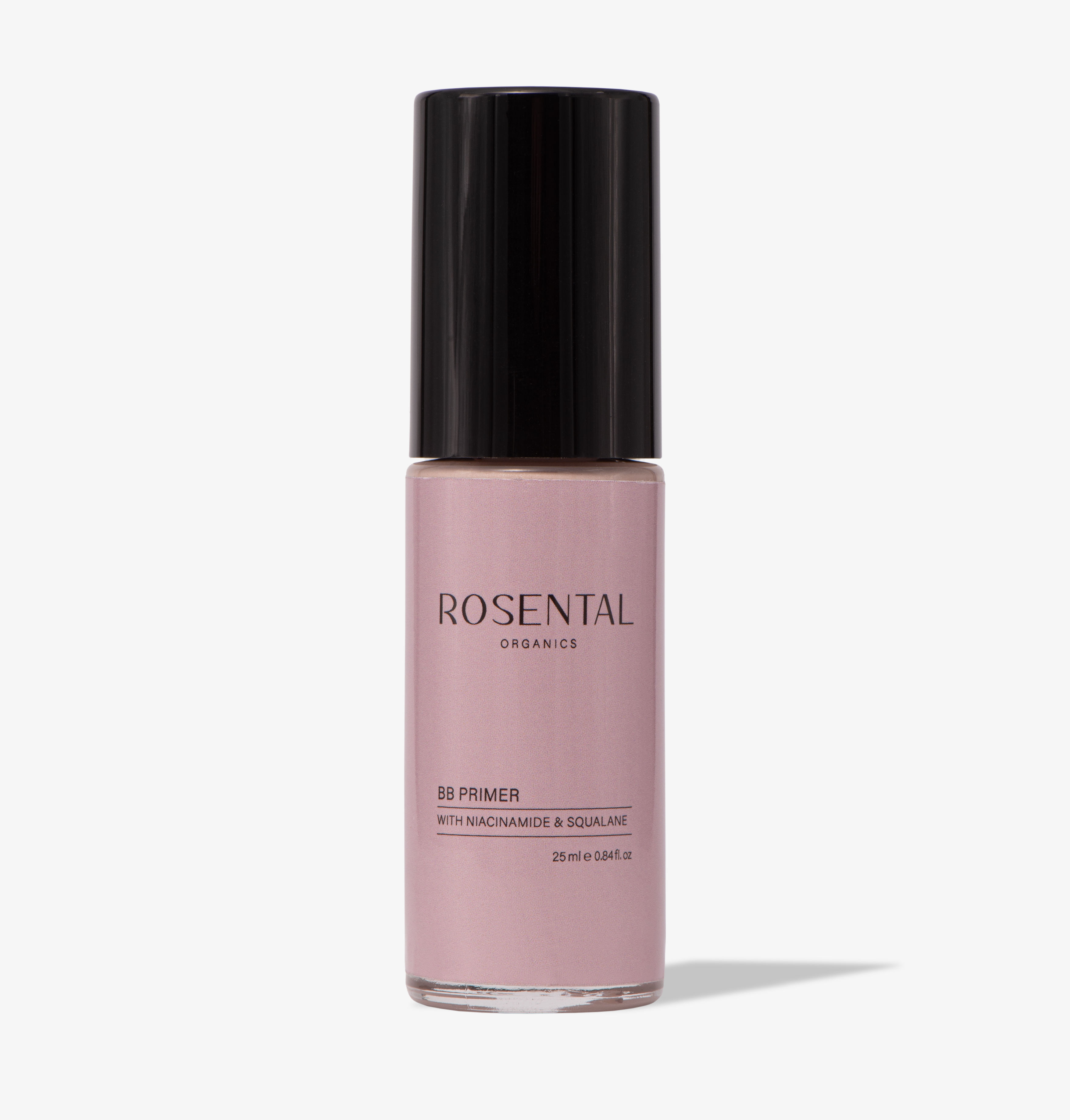 4260576415813 Rosental Organics BB Primer mit Niacinamid und Squalan, 25 ml Flasche, schwarzer Deckel, rosa Etikett.