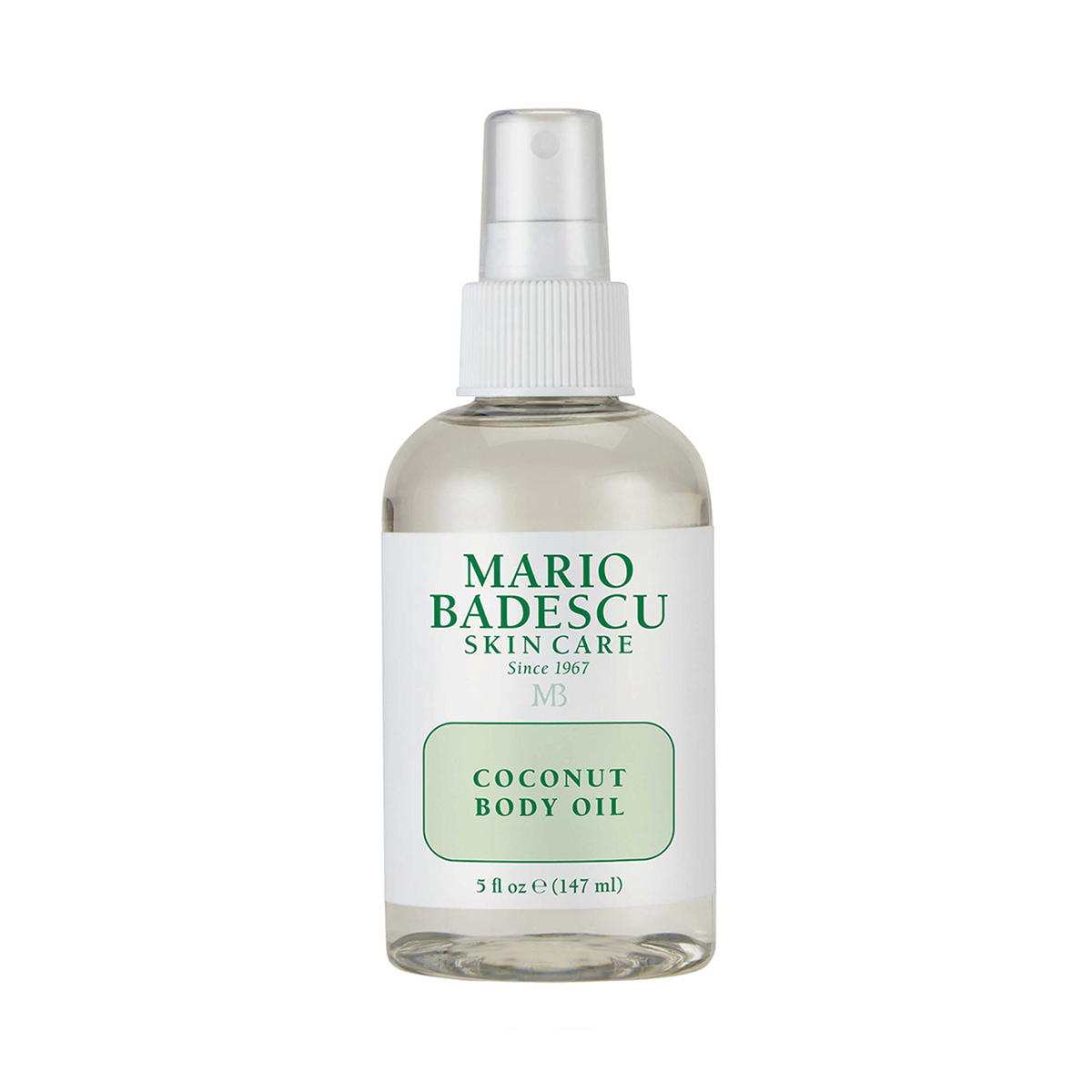 Flasche Mario Badescu Coconut Body Oil, 147 ml, mit Sprühverschluss.