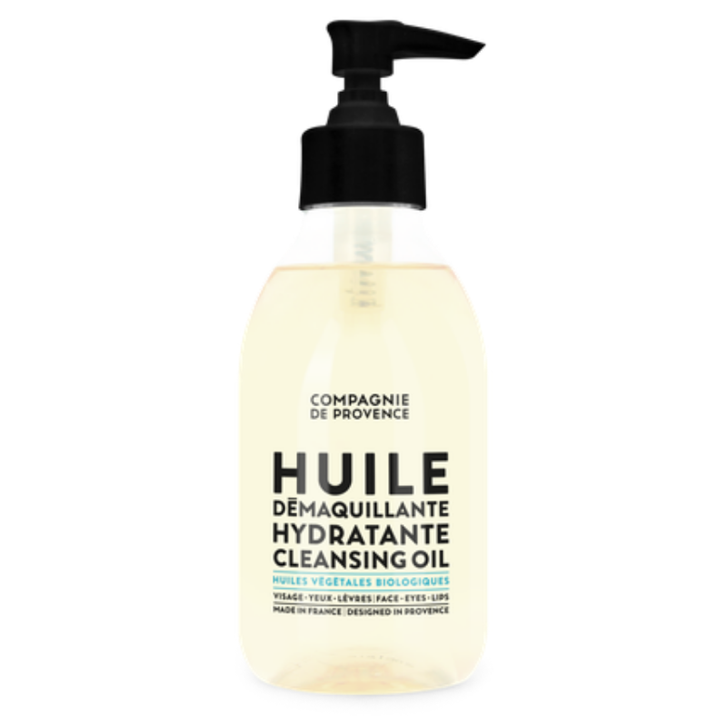 HYDRATING-CLEANSING-OIL Flasche mit Hydrating Cleansing Oil von Compagnie de Provence, schwarzer Pumpverschluss, transparentes Etikett mit schwarzem Text.