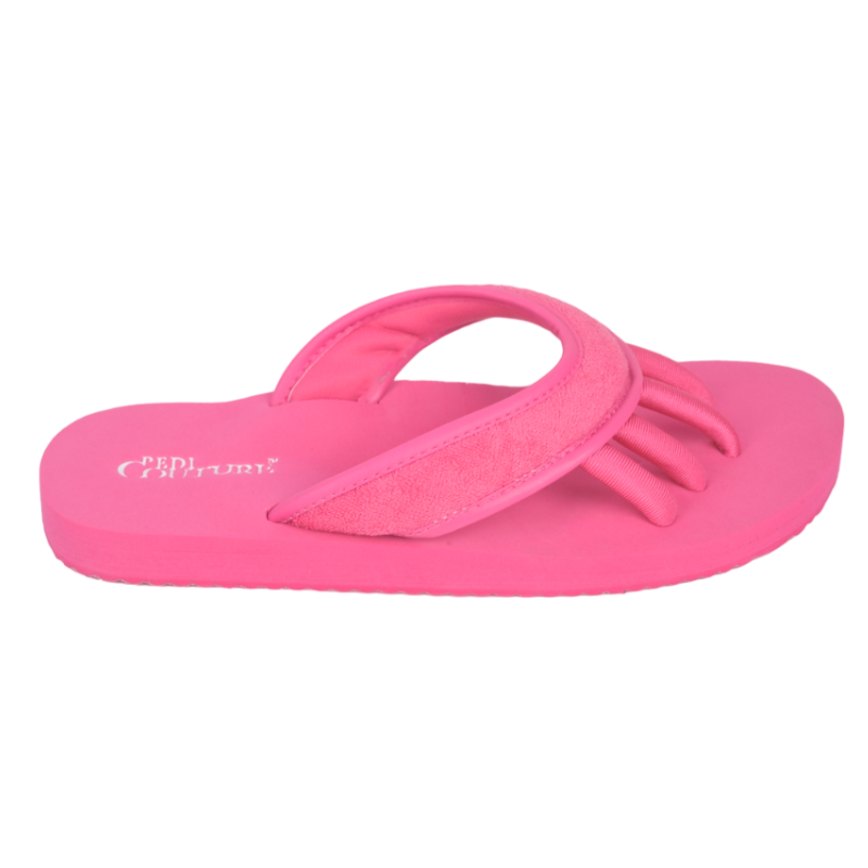 PEDI-COUTURE-PEDICURE-SPA-TERRY-FUCHSIA-2_2 Rosa Pediküre-Sandale mit Zehentrenner und weichem Frottee-Material.