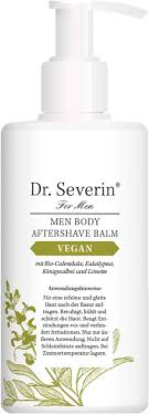 download-17y0pilhdGUcpdM Dr. Severin Men Body Aftershave Balm Vegan, 200ml Flasche mit Spender, weiß mit grünen Pflanzenmotiven.
