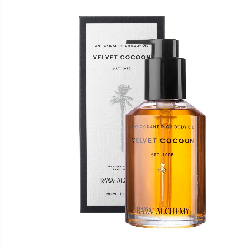 Flasche und Verpackung von Raaw Alchemy Velvet Cocoon Körperöl, reich an Antioxidantien, 200 ml.