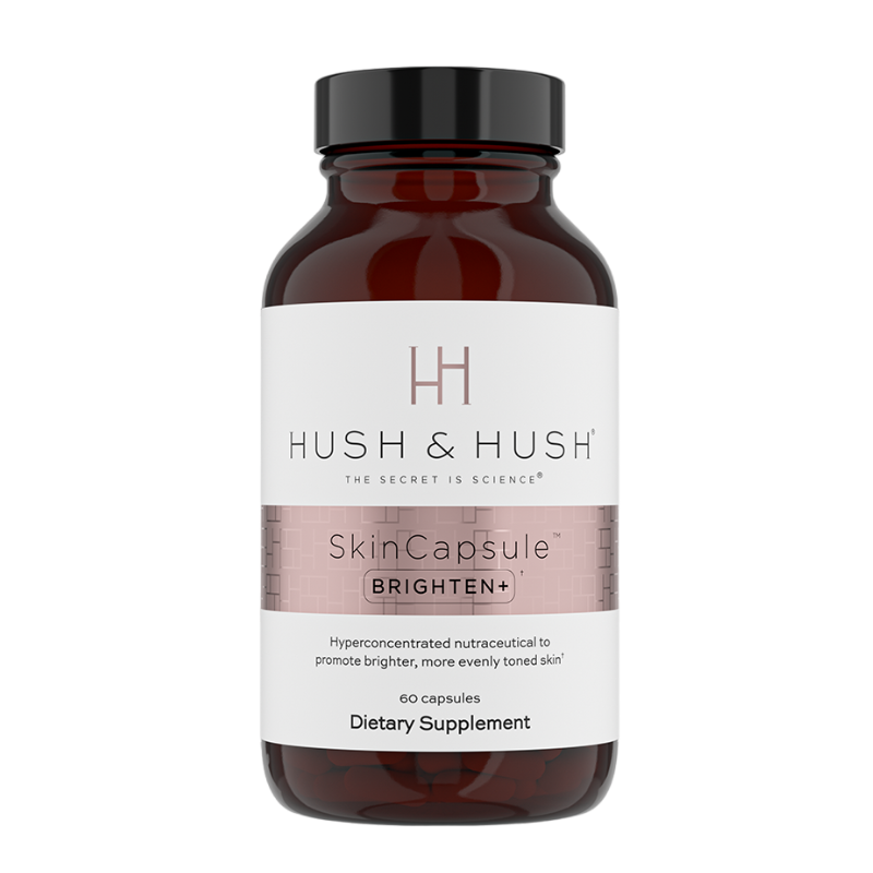 HUSH-HUSH-SKINCAPSULE-BRIGHTEN-2_2 Braunes Fläschchen mit Hush & Hush SkinCapsule Brighten+ Nahrungsergänzungsmittel, 60 Kapseln.