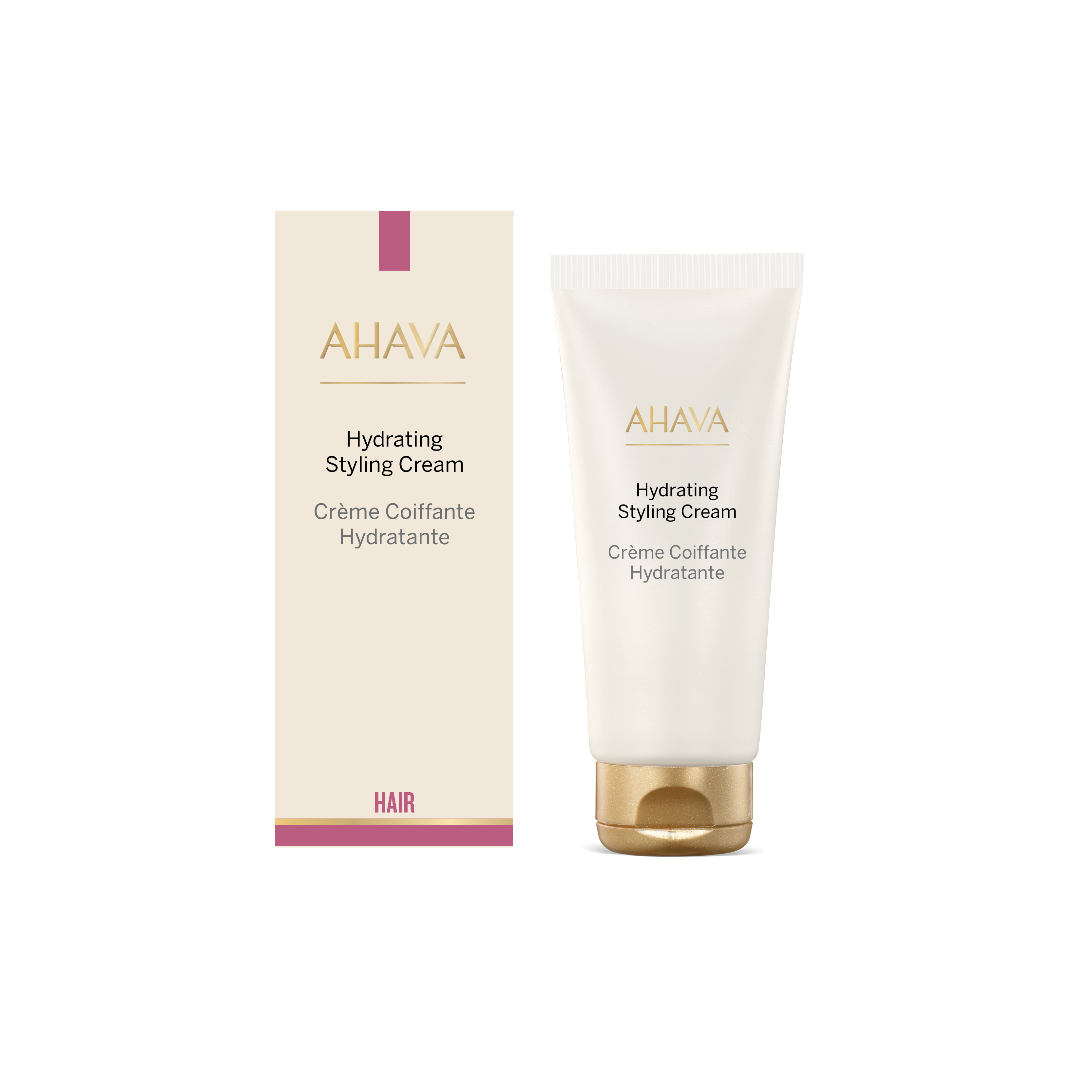 0697045164547 AHAVA Hydrating Styling Cream, 100 ml Tube und Verpackung, Creme Coiffante Hydratante für Haare.
