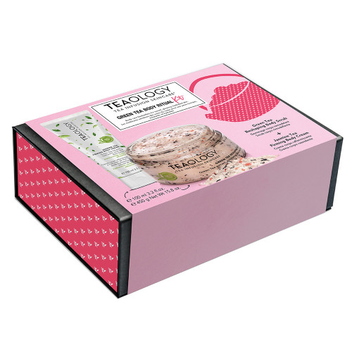 5E264699-CF15-4D50-8CDA-4C94DB7F9927 Tealogy Geschenkset mit Körperpeeling und Körpercreme in rosa Verpackung.