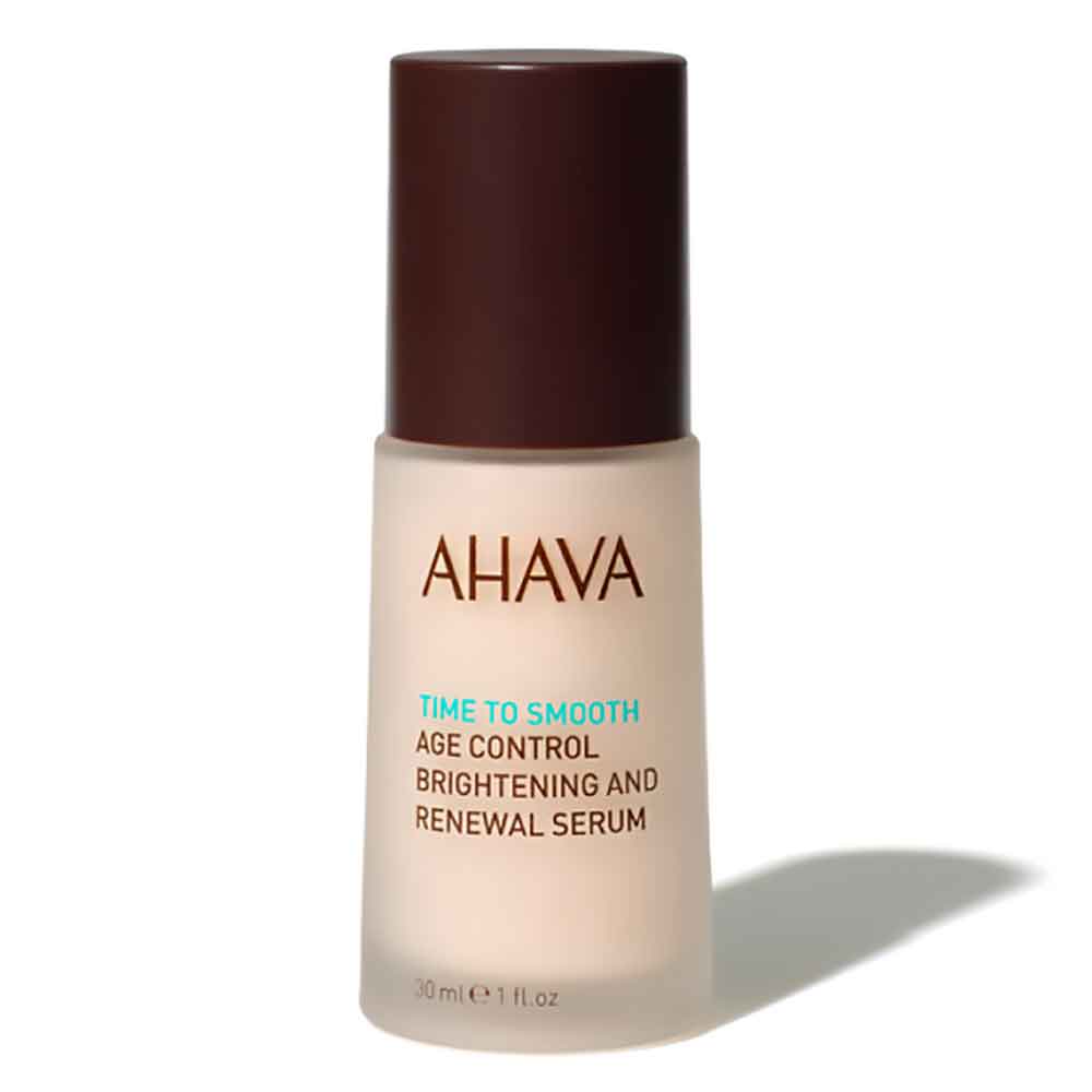AHA82316466 AHAVA Time to Smooth Age Control Brightening and Renewal Serum, 30 ml Flasche, auf weißem Hintergrund.