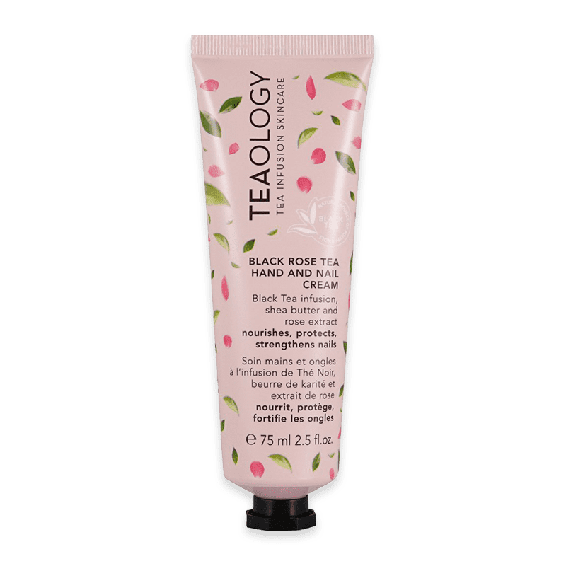TEAOLOGY Black Rose Tea Hand and Nail Cream, 75 ml Tube, rosa Verpackung mit Blütenmuster.