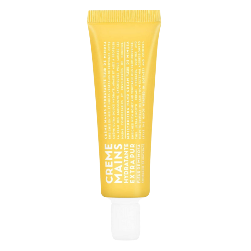 HAND-CREAM-30ML-MIMOSA-FLOWER Gelbe Handcreme-Tube mit weißem Verschluss, 30 ml, Mimose-Duft.