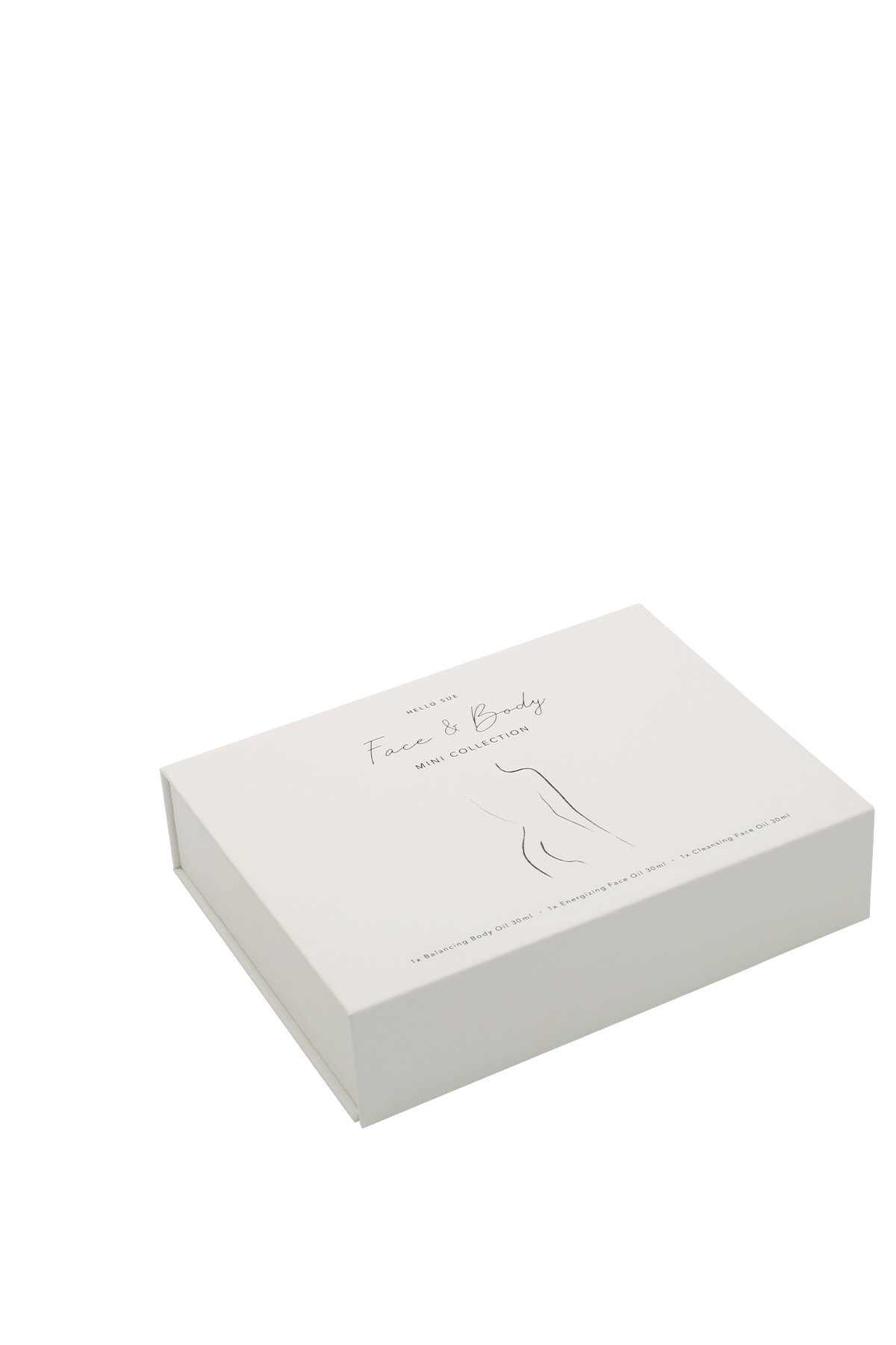 hs-015_facebodyminicollection_freisteller_1 Weiße Box mit der Aufschrift 'Face & Body Mini Collection' auf weißem Hintergrund.